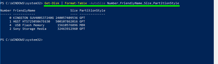 Get hard drive information powershell. Apply Format-Table to Get-Disk cmdlet