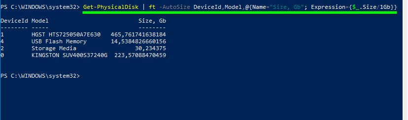 Get hard drive information powershell. Display the size in gigabytes