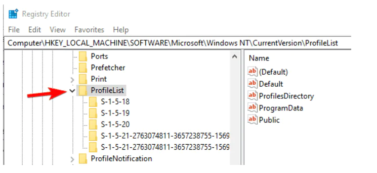 Registry Editor - ProfileList