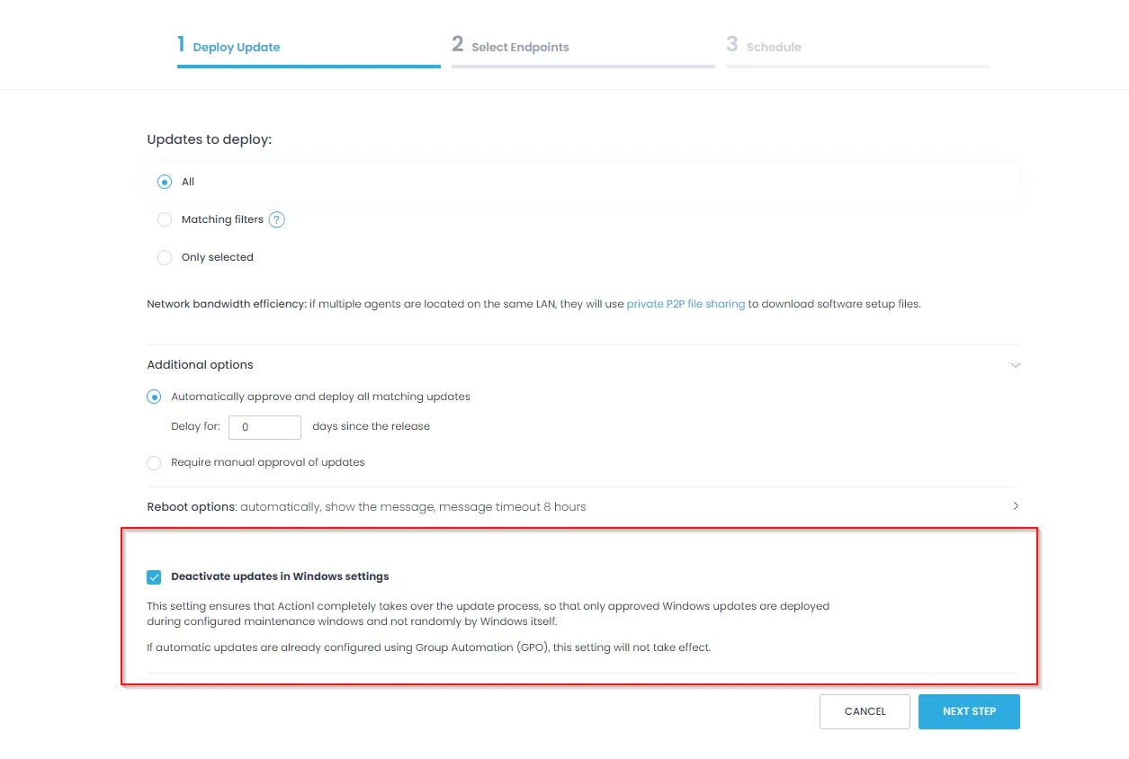 Deploy Update Step 1 - Settings