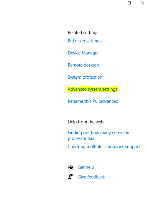 Advanced system settings menu item