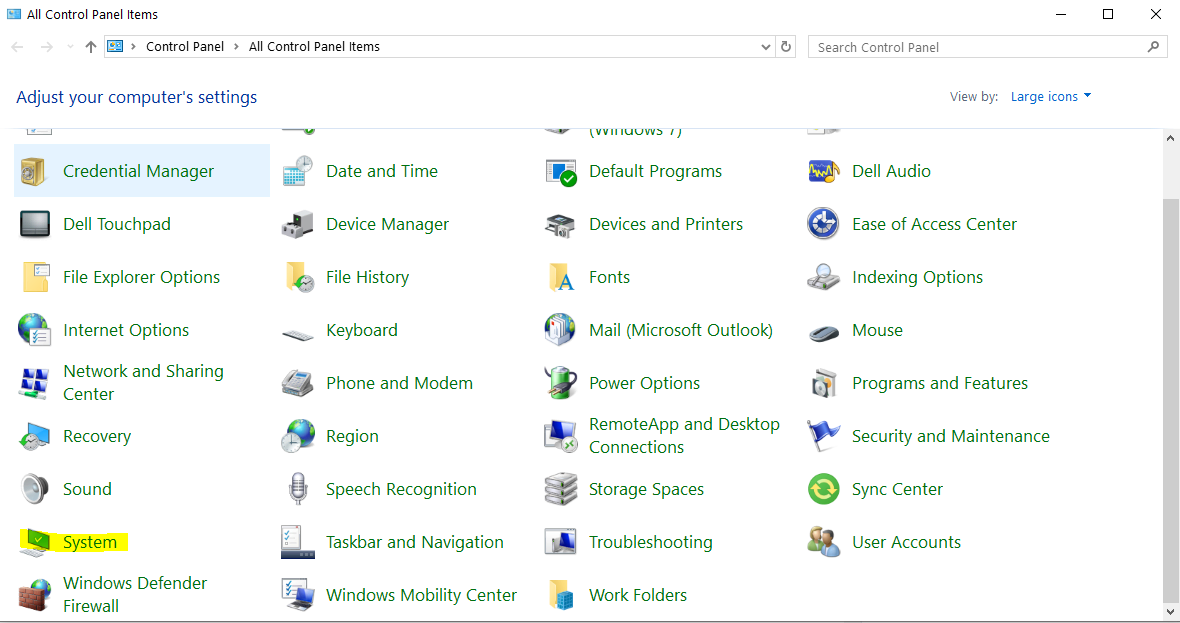 Windows Control Panel - System menu item