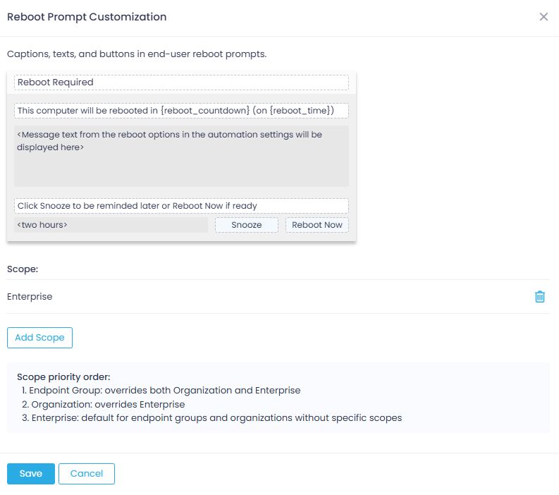 Reboot-prompt-customization Endpoints view and General tab expanded