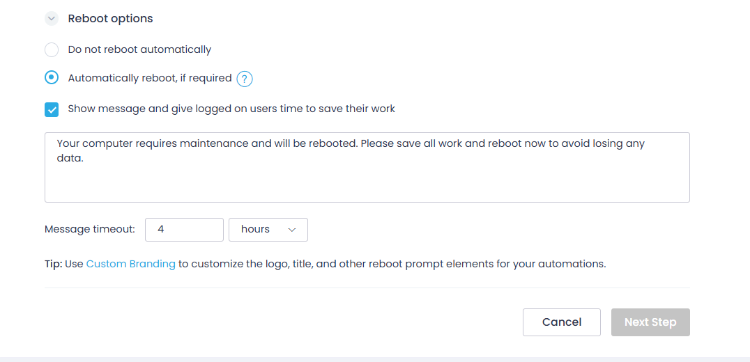 Run-script-1-reboot-options Run script automation - step 2