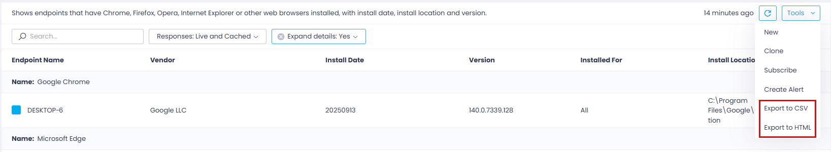 export-report Endpoints view and General tab expanded